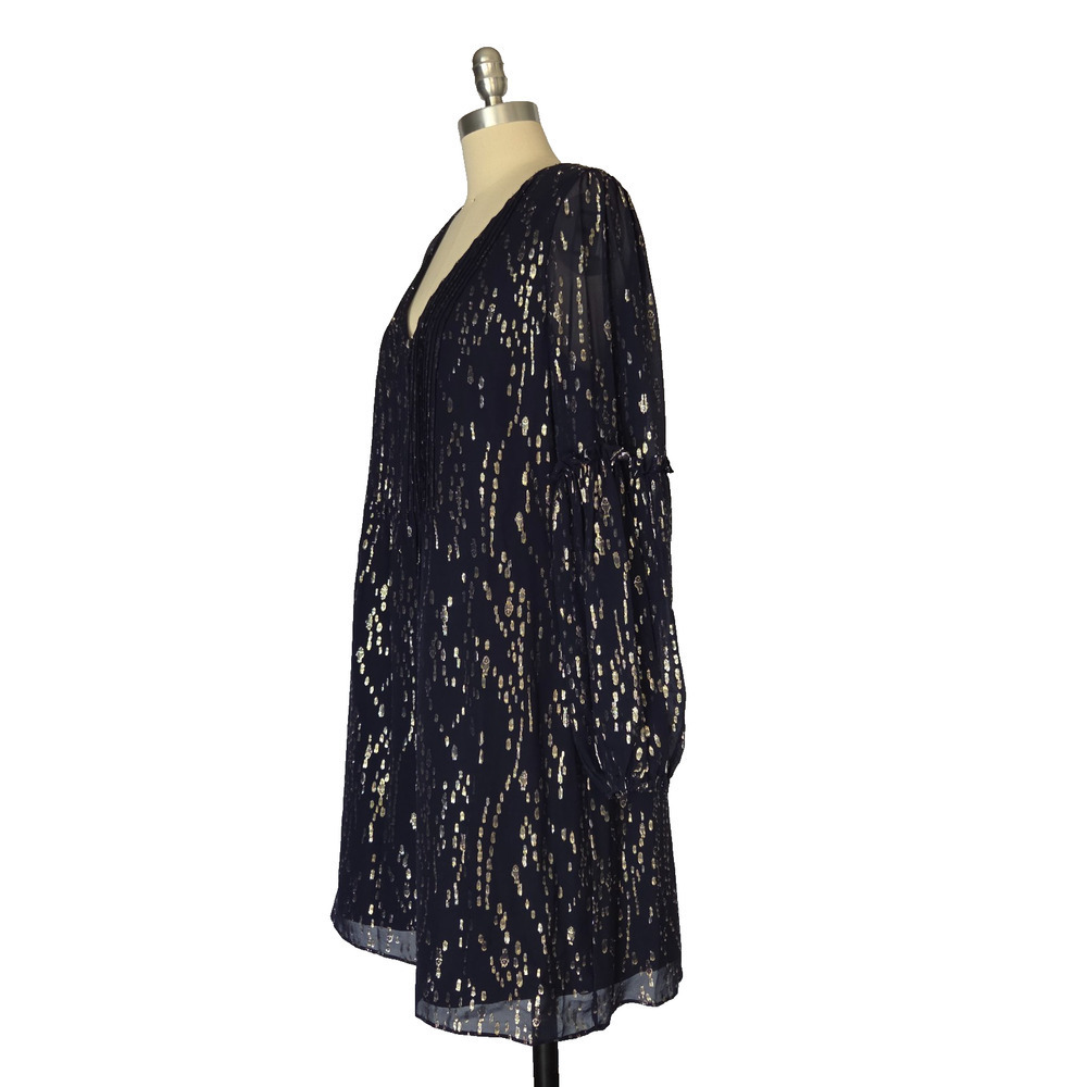 Lilly Pulitzer Cleme Long Sleeve Silk Dress Size 12 Navy Blue Metallic V Neck - Picture 7 of 10